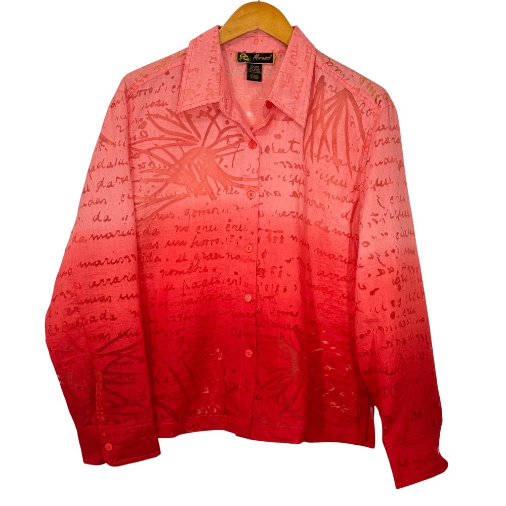 Mirasol Top Women L Pink Red Ombre Script Burnout Linen Blend Wearable Art